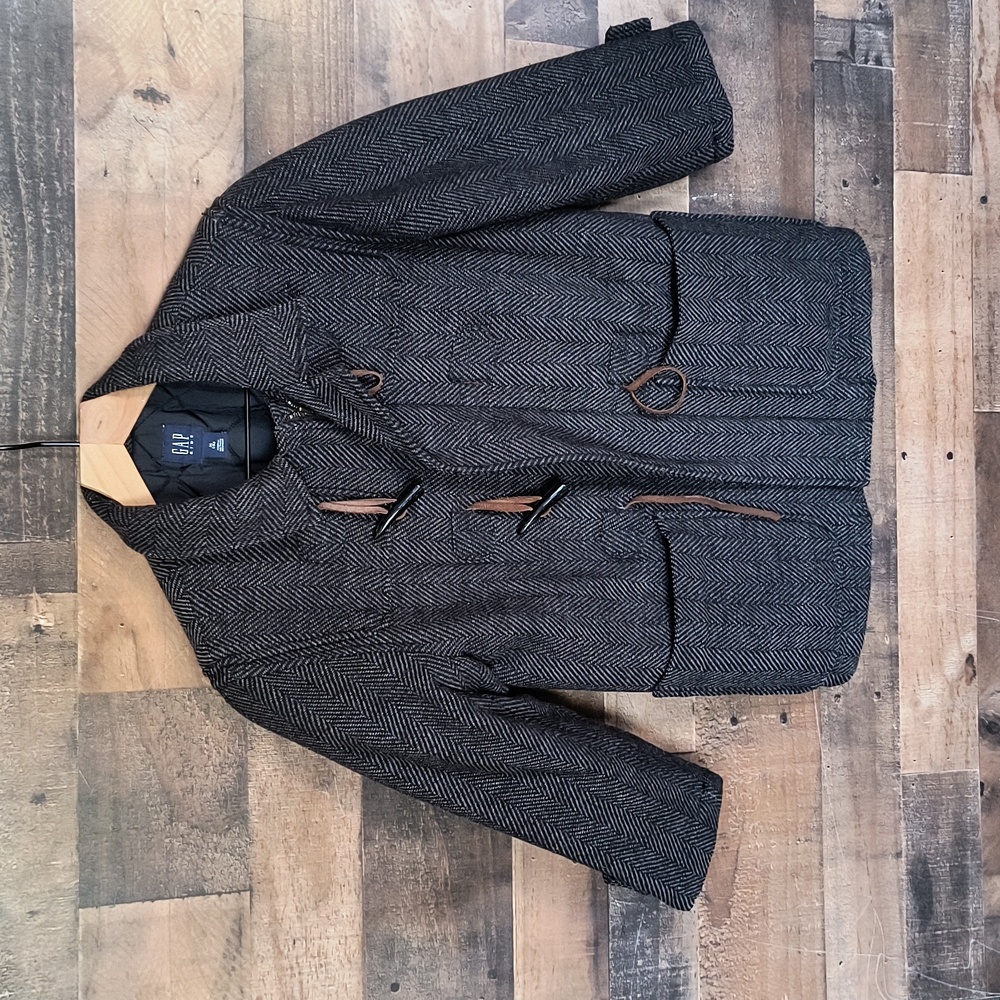 GAP Kids Black Herringbone Wool Blend Quilted Toggle Pea Coat Newsboy Sz 8 Kids